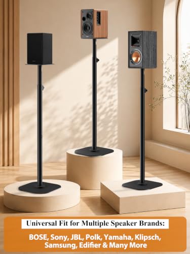 Haturi Universal Speaker Stands Pair, Height Adjustable 35"-49" Floor Speaker Stands for Bookshelf, Satellite & Surround Sound Speakers, 15 lbs Capacity, Dual Cable Management,Black