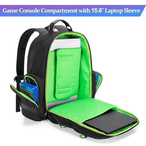 PGmoon Console Backpack Compatible with Playstation 5/PS5 Slim/PS5 Pro | Travel Carrying Case Bag with Protective Liner, Fits 15.6" Laptop, Controllers and Most Gaming Accessories (Patent Design) - color: Green