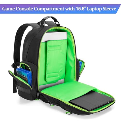 PGmoon Console Backpack Compatible with Playstation 5/PS5 Slim/PS5 Pro | Travel Carrying Case Bag with Protective Liner, Fits 15.6" Laptop, Controllers and Most Gaming Accessories (Patent Design) - color: Green