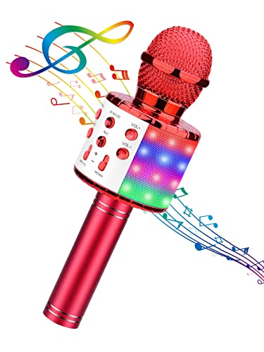 BlueFire 4 in 1 Karaoke Wireless Microphone with LED Lights, Portable Microphone for Kids, Great Gifts Toys for Kids, Girls, Boys and Adults (Red) - color: Red