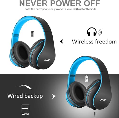 ZIHNIC Bluetooth Headphones Over-Ear, Black/Blue | Foldable Wireless and Wired Stereo Headset Micro SD/TF - color: Blue