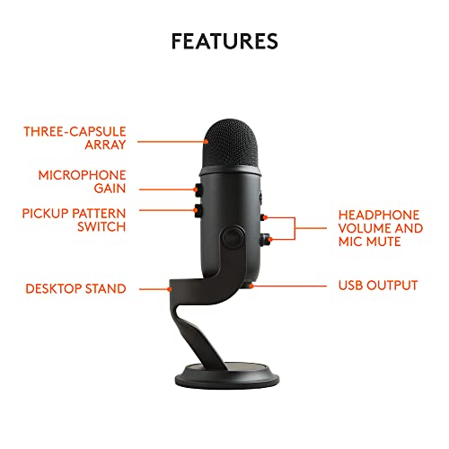 Logitech Creators Blue Yeti USB Microphone for PC, Mac, Gaming, Recording, Streaming, Podcasting, Studio and Computer Condenser Mic with Blue VO!CE effects, 4 Pickup Patterns, Plug and Play - Blackout | VO!CE effects, 4 pickup patterns, plug-and-play oper