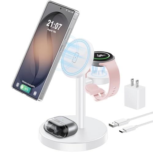 Aeinidi Magnetic Wireless Charger for Samsung, 3 in 1 Super Fast Charging Station Compatible with MagSafe, Phone Charger Stand for Galaxy S26 Ultra S25 Z Fold/Flip 8, Watch Ultra 8 7 6, Buds 4/3 Pro - color: White