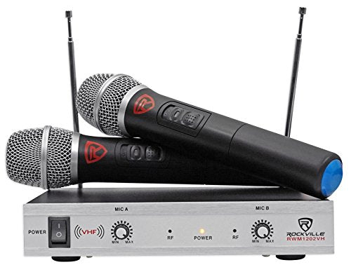 Rockville RWM1202VH VHF Wireless Dual Handheld Microphone System, 2 Channel | Metal Receiver, 1/4" Audio Output, Cardioid, 200 ft Indoor Range, Auto-Link, Includes 2 Mics/Batteries/Adapter