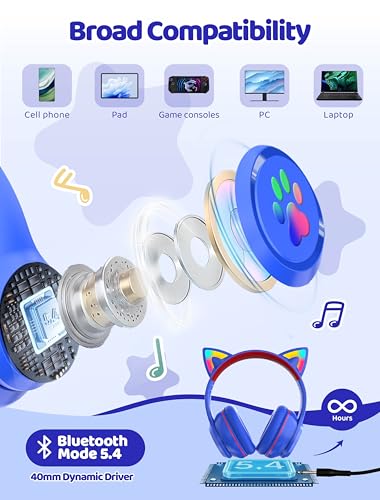 Bluetooth Headphones Wireless Cat Ear 60H/8H with LED Light Mic Blue | Adjustable Headband Foldable Over-Ear Headset for Kids/Tablet/iPad/Laptop,HD Stereo Sound,Aux Aux 3.5mm - color: Blue