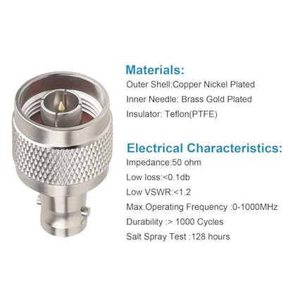 MOOKEEF 2 Pack N Male to BNC Female Connector Adapter N Type to BNC Coax Connector 50 Ohm