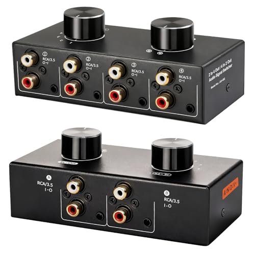 Bi-Directional 2 in 4 Out & 4 in 2 Out RCA 3.5mm Port Audio Switcher, 2-Way 4-Way 4x2 RCA 1/8 Stereo Speakers Headphones Audio Switch Selector Box