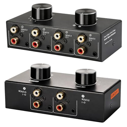 Bi-Directional 2 in 4 Out & 4 in 2 Out RCA 3.5mm Port Audio Switcher, 2-Way 4-Way 4x2 RCA 1/8 Stereo Speakers Headphones Audio Switch Selector Box