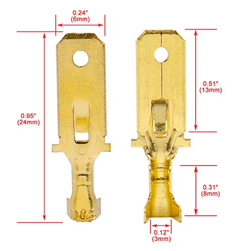BAOMAIN 100-Pack 6.3mm 1/4" Male Spade Connector Non-Insulated Terminals | Copper 1/4" Non-Insulated Male Connectors with Locking Tab for 18-16 AWG Wire,Ideal for Automotive & DIY Projects
