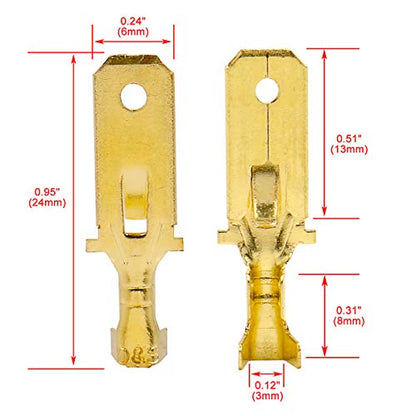 BAOMAIN 100-Pack 6.3mm 1/4" Male Spade Connector Non-Insulated Terminals | Copper 1/4" Non-Insulated Male Connectors with Locking Tab for 18-16 AWG Wire,Ideal for Automotive & DIY Projects