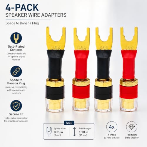 4-Pack Y-Spade to 4mm Banana Female Jack Socket Adapter, 24K Gold-Plated OFC Copper, Self-Locking 45° Fork, for Speaker Wire, Amplifier, AV Receiver, Home Theater, Hi-Fi Binding Post