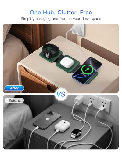 Iseyyox 3 in 1 Wireless Charger for iPhone - Foldable Charging Station Travel Charging Dock Compatible with iPhone 17 16 15 14 13 12 Pro Max Plus Watch & Airpods - color: Green