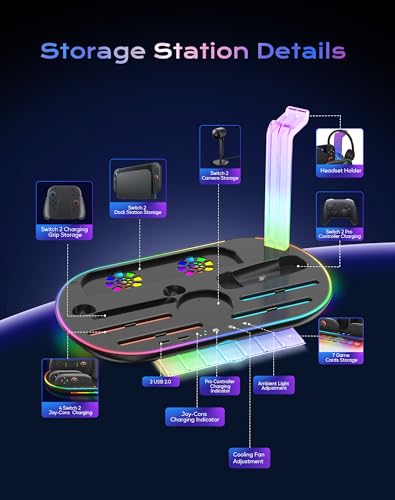 Switch 2 Charging Dock Multifunctional Organizer Station | Switch 2 Joycon Charging Dock,with Console Cooling Fan,Switch 2 Camera & Headset Holder,RGB Lighting