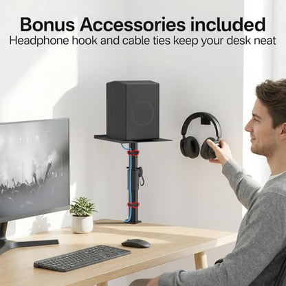 Clamp-On Desktop Speaker Stand Pair, Heavy-Duty 9.3" x 8.9 Plate for Edifier, KRK, Klipsch, Yamaha, Samsung HW-Q Series, Height&Angle Adjustable Bookshelf Speaker Stands, Built-in Cable Management