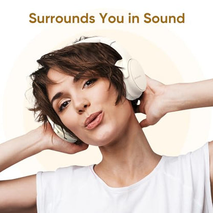 Wireless Headphones, Bluetooth Over Ear Headsets with Microphone, Hi-Fi Audio, 60H Playtime, Touch Control, Foldable Lightweight, On-Ear Headphones for Girls Women, Travel, Work, - color: Light Beige