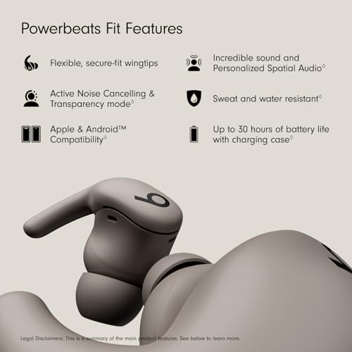 Beats Powerbeats Fit - Wireless Noise Cancelling Workout Earbuds with Secure-Fit Wingtips, Up to 30-Hour Battery Life, Sweat & Water Resistant, Apple & Android Compatible - Gravel Gray - color: Gravel Gray, style: Powerbeats Fit