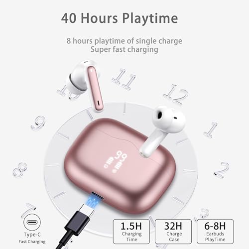 Wireless Earbuds, Bluetooth 5.4 Headphones in Ear with 4 ENC Noise Cancelling Mic, New Wireless Earphones HiFi Stereo Deep Bass 40H Playtime, In-Ear Bluetooth Earbuds LED Display IP7, USB-C, Rose Gold - color: Pink