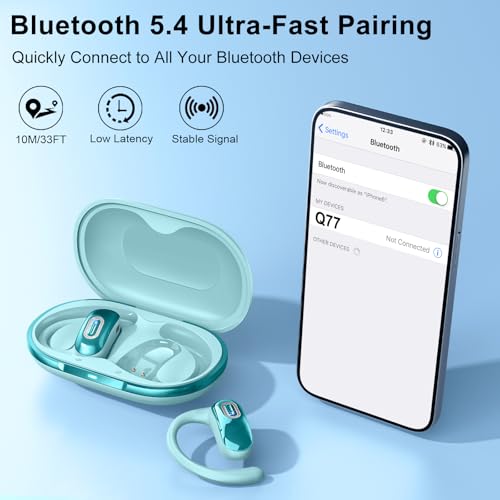 Open Ear Headphones, NEW Over Ear Earbuds with 4 ENC Noise-Canceling Mic | Ultra-Comfort Bone Conduction Earbuds, BT5.4, 50H HD Stereo, IPX7 Waterproof, Ergonomic Earhooks,Sports Ear Buds for Running - color: Sky blue