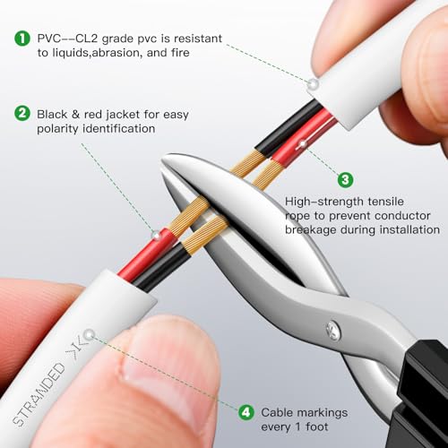 White Speaker Wire 14 Gauge 200FT CL2 Rated CCA Speaker Cable | Flexible PVC Jacket 2 Conductors Red & Black Polarity Mark for Home Theater,Indoor,In-Wall,In-Ceiling & Marine - size: 200 FT, style: 14GAUGE