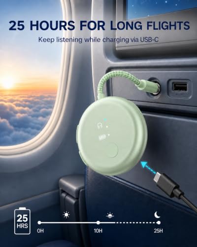 Avantree SoundJet R1 - Airplane Bluetooth Adapter for AirPods, 25H | Qualcomm aptX Adaptive & HD, dual-headphone pairing, 25-hour battery, USB-C charging, and single/dual airline plugs - color: 4. Green