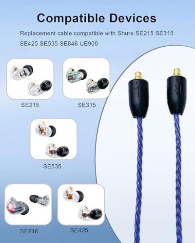 Earphone Replacement Cable 3.5mm MMCX Earbuds Cable, 3.94FT, Blue | for Shure SE215 SE315 SE425 SE535 SE846 Earphones, Plug and Play