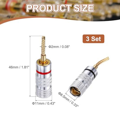 MECCANIXITY 6 Pcs Flex Pin Banana Plugs, 8.5mm (5/16") Banana Plug Jack Socket, 2mm Gold Plated Banana Plugs for Spring Loaded Terminals, Speaker Wire, Glossy