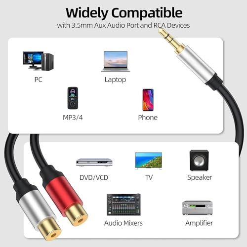 Aux to 2 RCA Cable 1ft, RCA Female to 3.5mm Male Cable Gold Plated 1/8 Jack Stereo Audio Converter Compatible with Stereo Speaker, HiFi Stereo System, Tablets, MP3