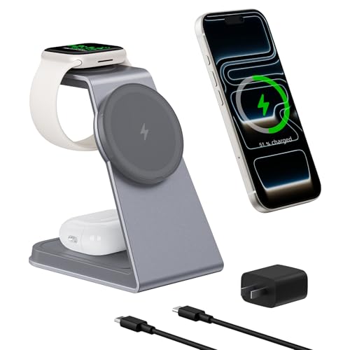 TRIBONE 3 in 1 MagSafe Wireless Charging Station for iPhone Watch AirPods | Qi2 certified 15W fast magnetic charging. For iPhone 17/16/15/14/13/12, AirPods Pro, Apple Watch Ultra.