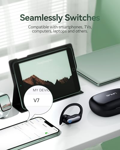 GNMN Active Noise Cancelling Ear Buds Wireless Earbuds 96hrs Playback Bluetooth Headphones Dual Battery Display Stereo Bass Earphones with Earhooks Microphone IPX7 Waterproof for Sports/Runing/Workout
