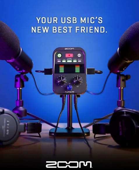 Zoom PodTrak P2 Two-Host Podcast Bundle with 2X Zoom Zum-2 USB Supercardioid Condenser Mics, ZHP-2 Headphones, and TPS-4 Tripods — Dual-Mic Recorder for Two-Host Podcasting, Interviews, Co-Hosting