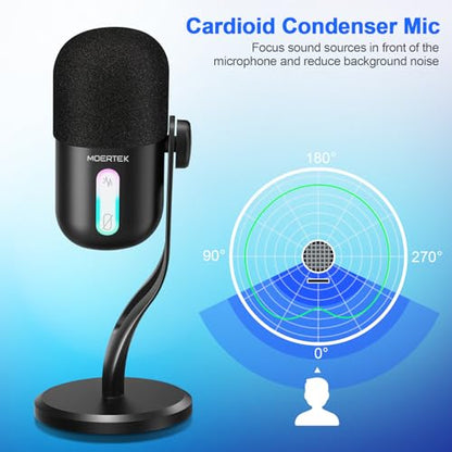 USB Microphone for PC, Cardioid Condenser Microphone with Active Noise Cancellation, Quick Mute, Built-in Headphone Jack, Gaming Mic with Table Stand, for Live Streaming, Instruments, Podcast