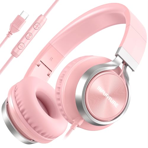 INFURTURE USB C Headphones Wired with Mic & Volume Control, Noise Isolating Over-Ear Headphones, Tangle-Free Plaiting Line, Foldable Headphone for School/Travel/iPad,Tablet,iPhone 17/16/15(Pink) - color: Blush Pink