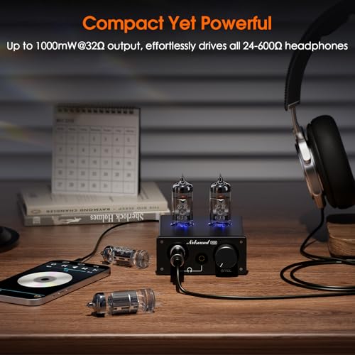 Nobsound P32 Tube Headphone Amplifier: 1000mW HiFi Desktop Preamp for 24–600Ω Headphones & Home Amps Speakers, 3.5mm/6.35mm Jacks, Swappable Tube & Op-Amp