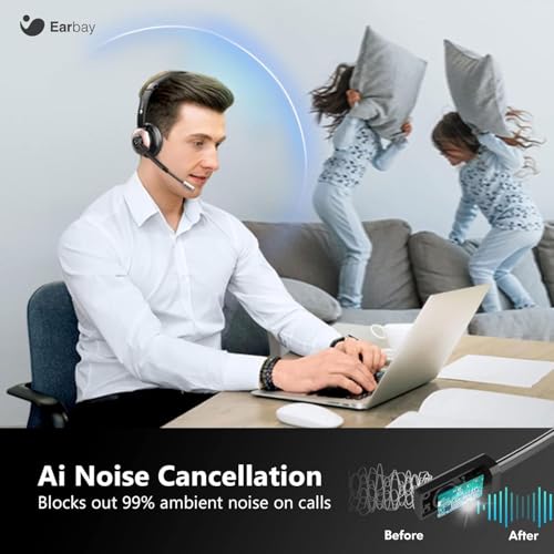 Earbay Wireless Headset, Bluetooth Headphones with Microphone Noise Canceling & Mute, Wireless Headset with Mic & USB Dongle/Charge Dock for Computer Phone Remote Work Office Call Center Teams