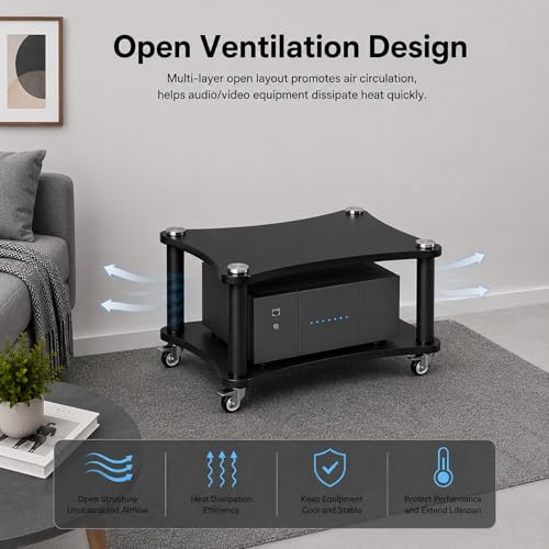 2-Tier AV Media Stand with Wheels,LED HiFi Audio Rack for Stereo Equipment | Large Storage Open-Air Cooling Easy Mobility Fits Amplifiers, Receivers, Game Consoles and DVD Players