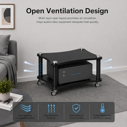 2-Tier AV Media Stand with Wheels,LED HiFi Audio Rack for Stereo Equipment | Large Storage Open-Air Cooling Easy Mobility Fits Amplifiers, Receivers, Game Consoles and DVD Players