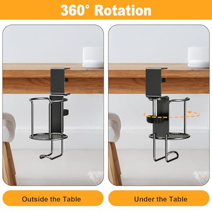 2-in-1 Clip-On Cup Holder & Headphone Hook - 360° Rotatable Anti-Spill Desk Organizer, Perfect for Gaming Tables, Office Desks, Lawn Chairs & Home Use (1 Pack)