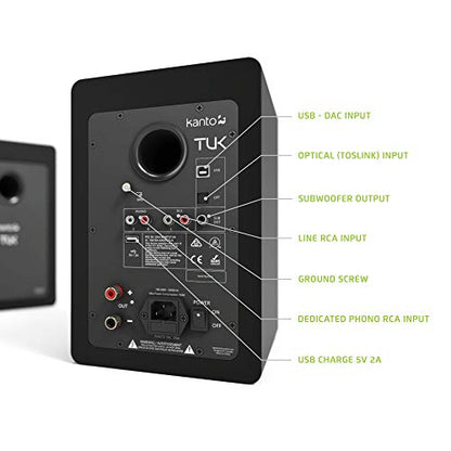 Kanto TUK Powered Speaker with Headphone Out | Built-in USB DAC | Dedicated RCA with Phono Pre-amp | Bluetooth | AMT Tweeter | 5.25" Driver | Pair | Matte Black - color: Matte Black