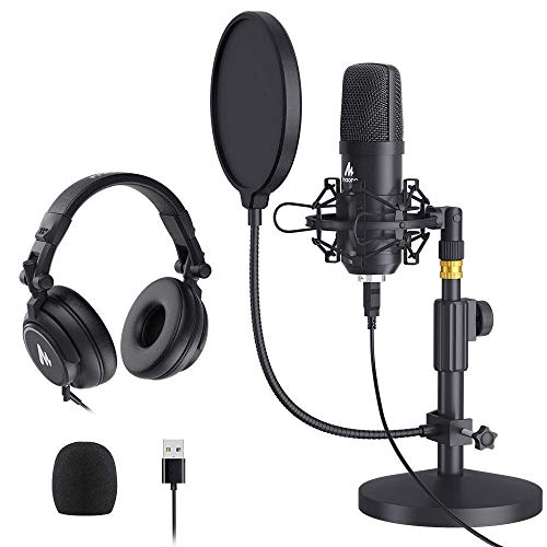 MAONO AU-A04T USB Microphone with AU-MH601 Studio Monitor Headphones Bundle Streaming Podcasting Pack Plug and Play for Computer, YouTube, Music