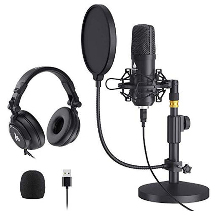 MAONO AU-A04T USB Microphone with AU-MH601 Studio Monitor Headphones Bundle Streaming Podcasting Pack Plug and Play for Computer, YouTube, Music
