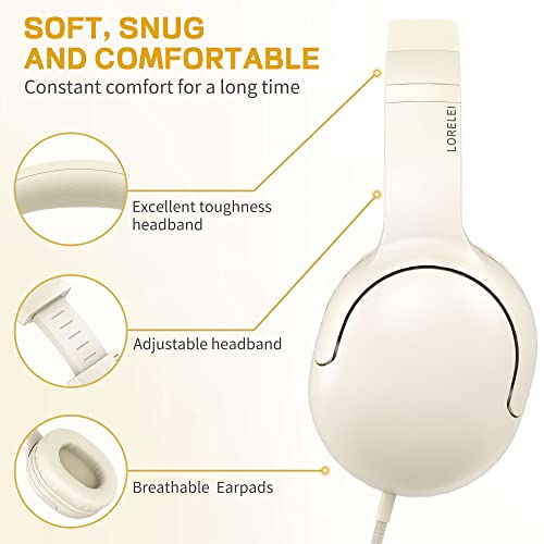 LORELEI E5 Wired Headphones for Kids Foldable & 3.5mm Jack Tangle Free Nylon Wire Stereo On Ear Headsets for Kids/Children/School/Tablet/Ipad/Kiddle/Plane (Beige White) - color: Beige White