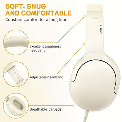 LORELEI E5 Wired Headphones for Kids Foldable & 3.5mm Jack Tangle Free Nylon Wire Stereo On Ear Headsets for Kids/Children/School/Tablet/Ipad/Kiddle/Plane (Beige White) - color: Beige White