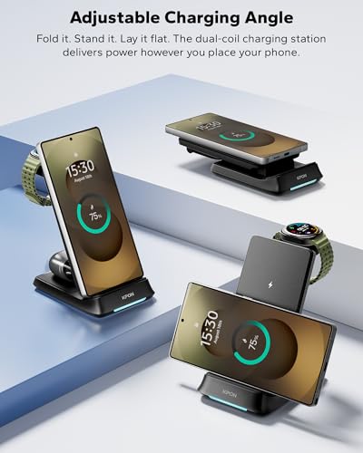 3 in 1 Charging Station for Samsung, Wireless Charger for Thick Cases, Foldable Phone and Watch Charger Stand for Galaxy S26/S25/S25 Ultra/S24/Z Fold/Android Devices, Galaxy Watch and Earbuds