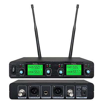 Wireless Microphone System Lavalier Mic 4 Channel 4 Headset 4 Lapel Mic 4 Bodypacks Dynamic Mics UHF for Conference Meeting Speech Karaoke Party Wedding Church