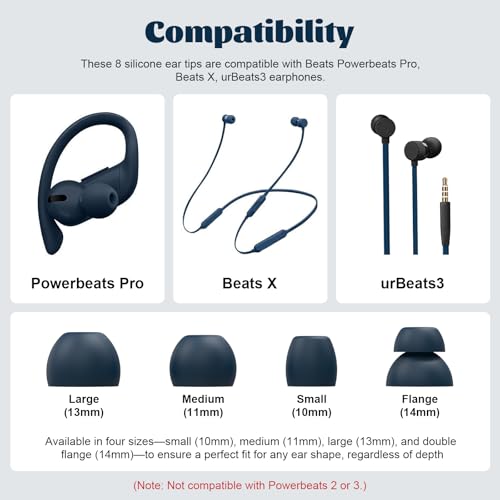 8pcs Powerbeats Pro Silicone Ear Tips Compatible with Beats Powerbeats Pro, Beats X, urBeats3 Earphones (Pro Eartips Navy)