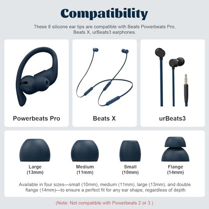 8pcs Powerbeats Pro Silicone Ear Tips Compatible with Beats Powerbeats Pro, Beats X, urBeats3 Earphones (Pro Eartips Navy)