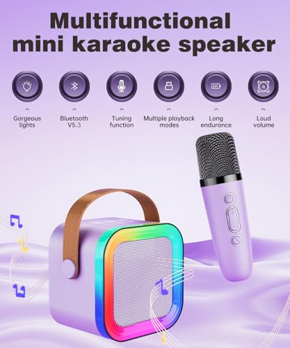 Mini Kids Karaoke Machine Ages 3-12, Wireless Microphones Bluetooth Speaker | LED Party Lights, Voice Changer, Duets, BT 5.3, Rechargeable Portable, Birthday Christmas Toys & Gifts for Boys & Girls - color: Purple - 1 Mic
