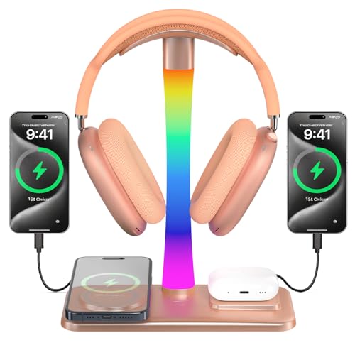 Headphone Stand with Wireless Charger,Gaming Headset stand with RGB Light Mode,For Airpod Max Stand Compatible with Airpod Pro/3/2,For iPhone 17/16/15/14/13/12/11,Gifts for Gamers & Music Lover (Gold) - color: Gold