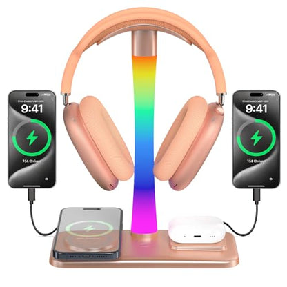 Headphone Stand with Wireless Charger,Gaming Headset stand with RGB Light Mode,For Airpod Max Stand Compatible with Airpod Pro/3/2,For iPhone 17/16/15/14/13/12/11,Gifts for Gamers & Music Lover (Gold) - color: Gold