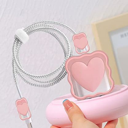 CameCosy Phone Charger Storage Case Set with Pink Hearts Carrying Case Bag with Cute 3D Love Cable Protector Set, Travel Cable Organizer,Soft Phone Earphone Charger Cover Compatible for iPhone